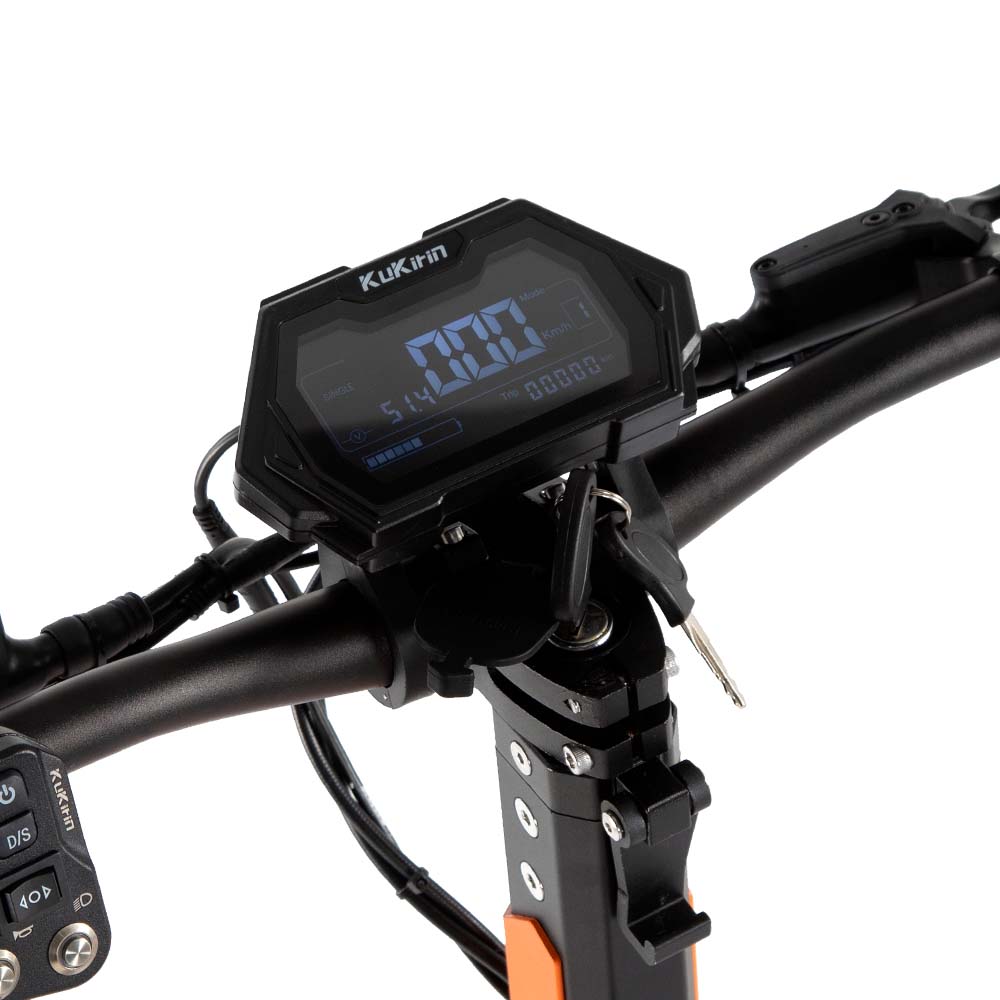 Close-up of Kukirin G3 Pro e-scooter display screen, electric scooter for adults, speed and battery indicators